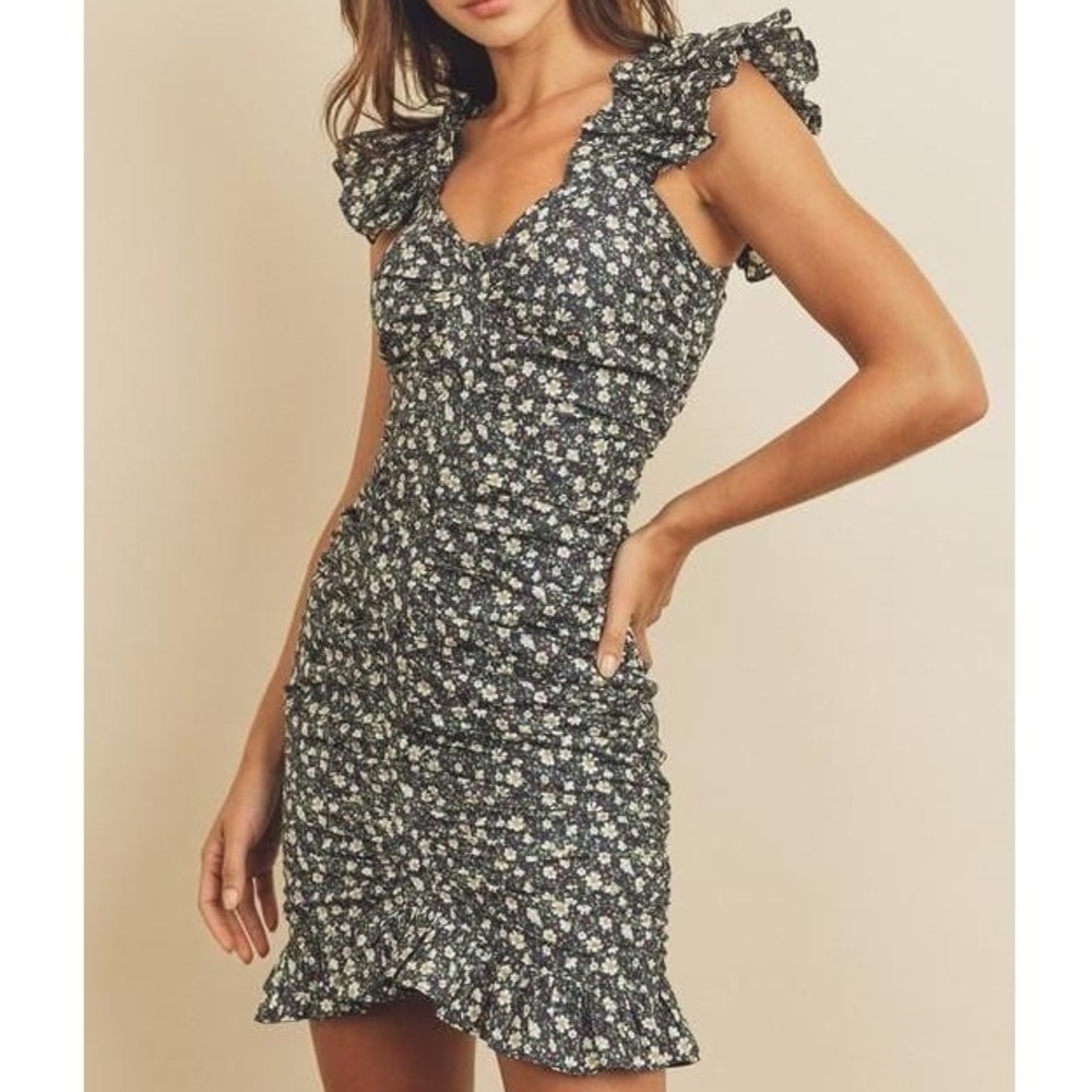 Dress Forum Navy Blue Daisy Ditsy Floral Ruched Ruffle Flounce Mini Dress Small